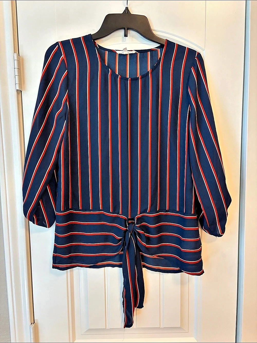 Maurices Striped Tie-Front Blouse in Blue & Red Size Small